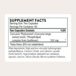 Curcumin Phytosome. Supplement facts label showing curcumin phytosome 500 mg per two capsules with ingredient details